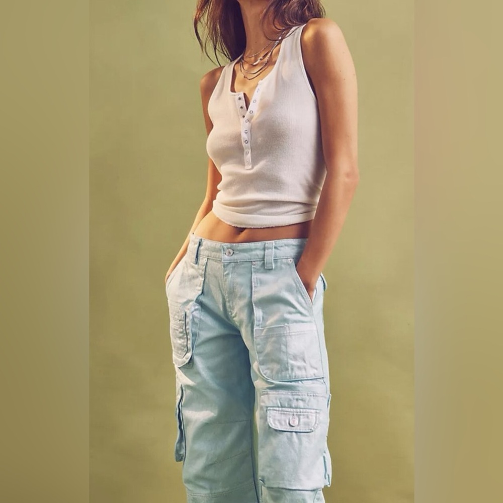 Free People Lap of Luxury Barrel Cargo Jeans Aquamarine size 27